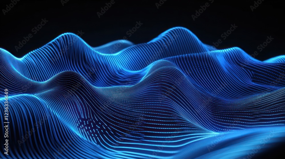 Poster abstract blue glowing lines forming a smooth wave pattern on a dark backdrop