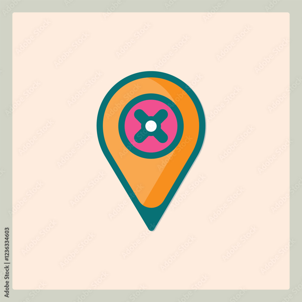Poster stylized location pin icon with x in center for mapping applications