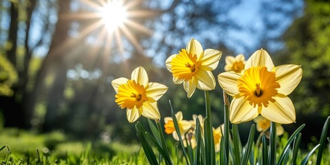 Fototapeta premium Close-up of Yellow Daffodil Blossoms in Spring Sunlight, with Soft Shadows and Green Grass