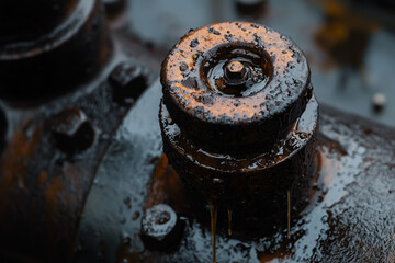 AI. Crude oil leaking pipeline at the industrial site