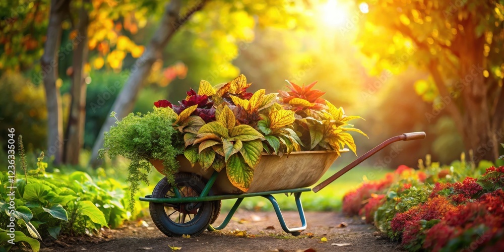 Poster a wheelbarrow filled with vibrant autumn foliage, bathed in the warm glow of the setting sun, sits o