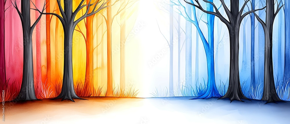 Poster a vibrant forest scene with trees in contrasting warm and cool colors, symbolizing unity and duality