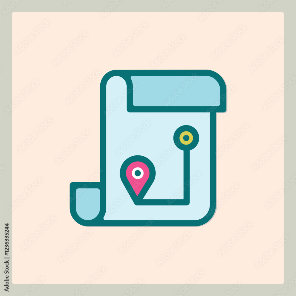 Poster stylized map icon with a pink location marker and a yellow end point for navigation