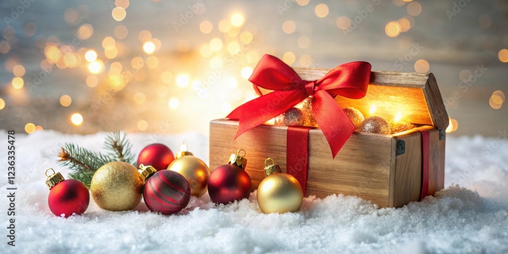 Poster a wooden gift box with a red bow and ornaments resting in the snow, illuminated by soft warm lights