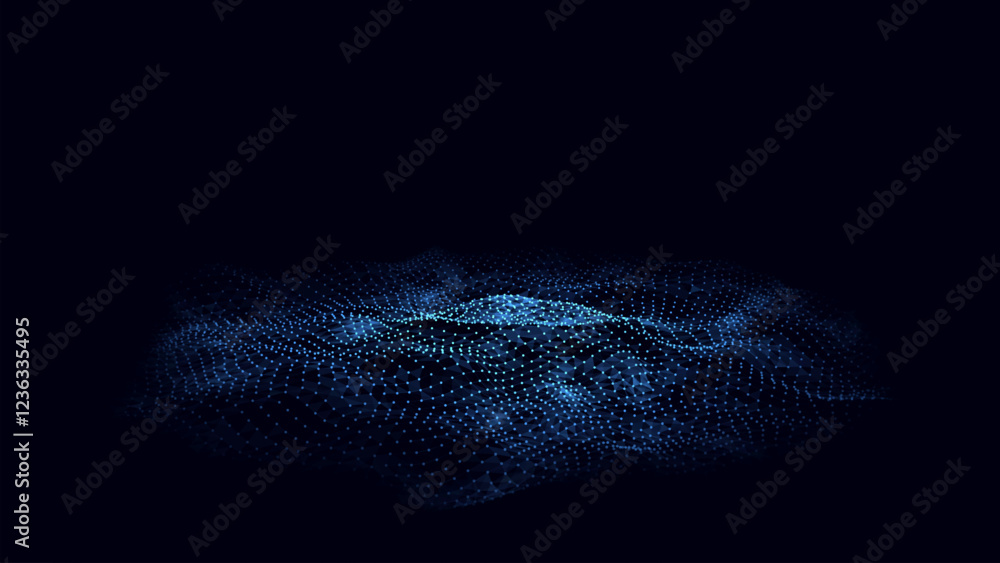 Poster Abstract technology wave of particles. Big data visualization. Vector dark background with motion dots and lines. Artificial intelligence.