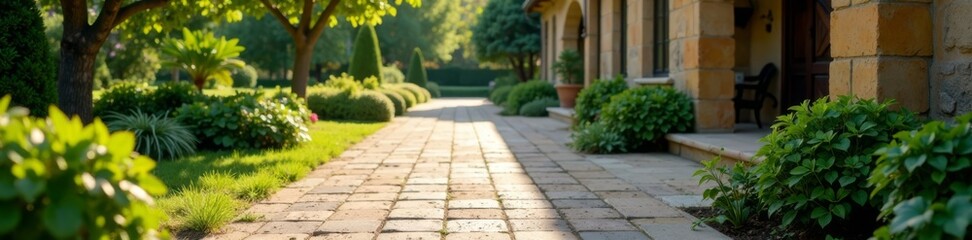 Concrete block sidewalk being laid in a country house courtyard , nature, blocks, construction