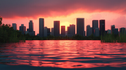Fototapeta premium Stunning sunset over city skyline reflecting in calm water, Global Warming and Climate Crisis Themed