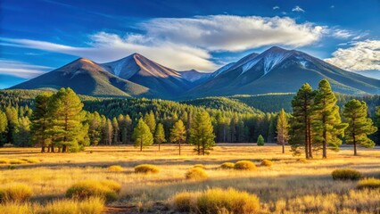 Serene landscape of Lockett Meadow with majestic San Francisco Peaks in Flagstaff Arizona , natural beauty, san francisco peaks