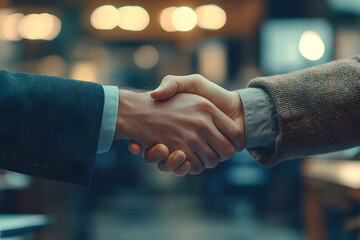 Warm Professional Introductions The simple act of a handshake in an office setting underscores the importance of personal connections and professionalism in business.