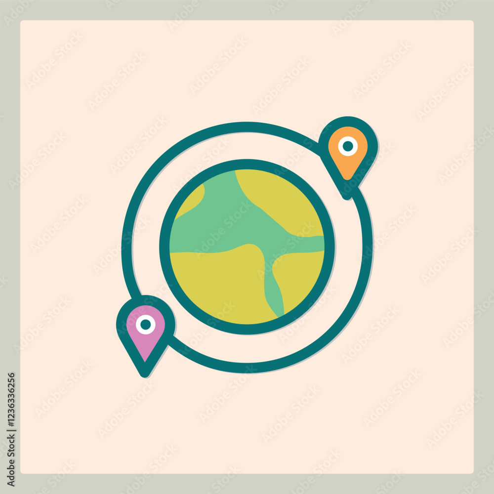 Poster stylized travel icon featuring a globe with location pins and a circular path