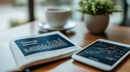 Photo of an open financial education book with a tablet displaying 'Financial Growth' graphs on a sleek desk, symbolizing personal finance education.