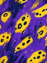 Vibrant painting of yellow and purple dots on a dark background