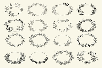 Hand-Drawn Floral Frames with Contour Lines, Vintage Laurel Wreaths, Circular Natural Design Elements, Blooming Flowers on White Background, Set of Decorative Round Elements, Vector Illustration
