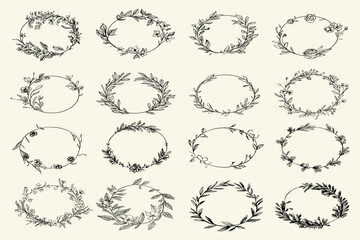 Vintage Floral Frames, Hand-Drawn Wreaths with Blooming Flowers, Circular Design Elements, Natural Contour Line Art, Set of Decorative Round Laurel Wreaths, Vector Illustration