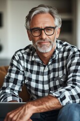 Confident Mature Man with Glasses Home Office Portrait, Casually Dressed, Authentic Expression.