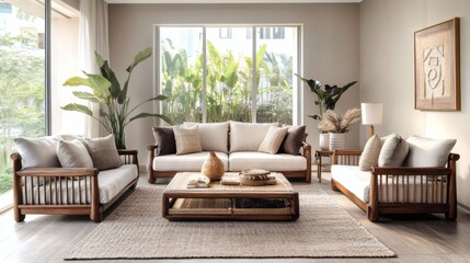 Fototapeta premium Serene Minimalist Living Room with Wooden Sofa Set and Natural Decor
