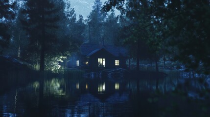 Fototapeta premium Secluded cabin glows warmly amidst a dark forest reflecting on a tranquil lake at night