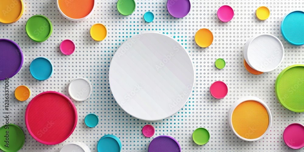 Poster colorful circles on a white perforated surface with a large white circle in the center
