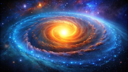 A mesmerizing cosmic swirl with vibrant hues, swirling galaxies and a bright starburst at the center. The image showcases the vastness and beauty of the universe.