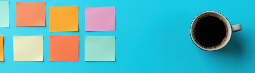 Colorful Sticky Notes and Coffee Cup on Blue Background Planning Ideas Organization Concept