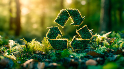 Green recycle symbol covered by grass and moss. Ecology concept.