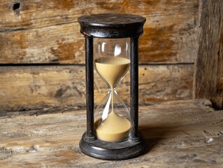 An old-fashioned gold hourglass with a few grains of sand left, symbolizing patience and time.