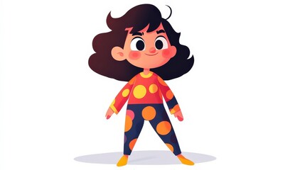 Cheerful Cartoon Child in Colorful Polka Dot Outfit Standing Proudly