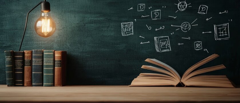 A scholar is desk with open philosophy books a glowing lamp and mathematical symbols floating in the air honoring the essence of logic and intellectual pursuit