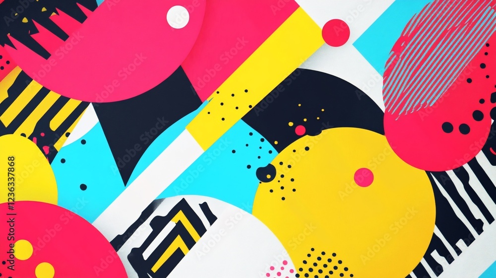 Poster abstract geometric composition with vibrant colors and dynamic shapes on a white background