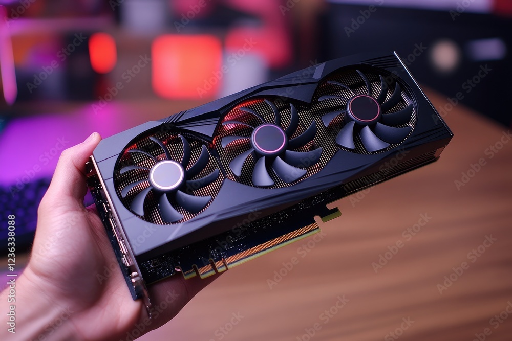 Poster Technician holding powerful new graphics card for desktop computer