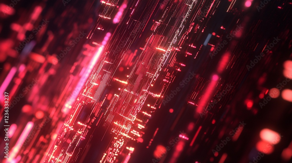 Poster abstract red futuristic data stream with glowing particles and light trails