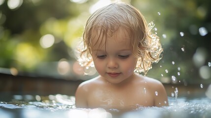 Obraz premium A moment-in-time of a child playing with water in a backyard fountain