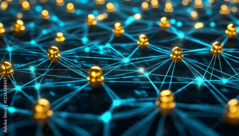 Poster abstract data visualization turquoise graph, connecting lines, golden nodes, network pattern