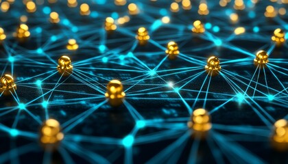 Abstract Data Visualization Turquoise Graph, Connecting Lines, Golden Nodes, Network Pattern