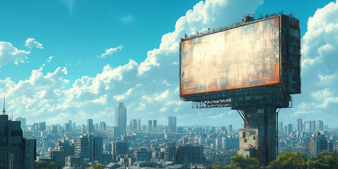 Abandoned billboard above the city with a futuristic urban skyline.