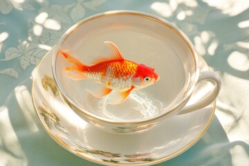 Goldfish Floats Inside Teacup on a White Saucer, Creating a Minimalistic and Peculiar Display