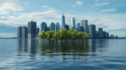 Fototapeta premium Tranquil Green Island Surrounded by Urban Skyline in Calm Waters