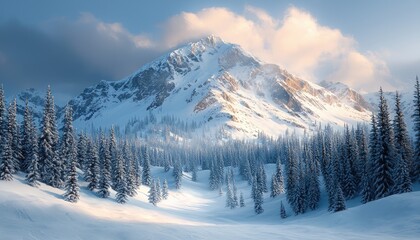 Majestic Snowy Mountain Peak and Winter Forest