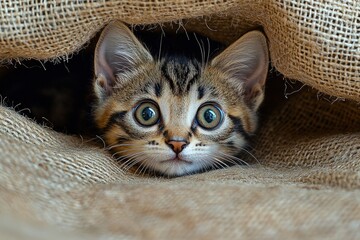 Kitten hiding in burlap sack, curious expression