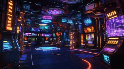 Futuristic neon arcade interior; vibrant screens, glowing panels, entertainment; Sci-fi game background