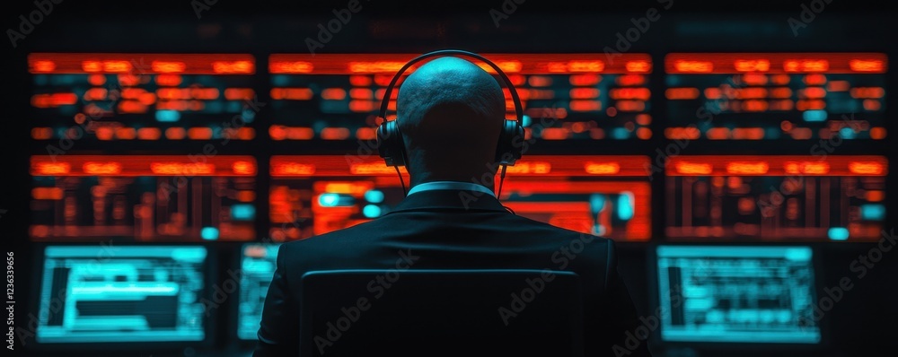 Poster bald man in suit with headphones monitoring multiple screens of data