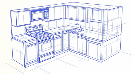 Corner kitchen design blueprint; appliances, sink, cabinets; architectural rendering; home renovation
