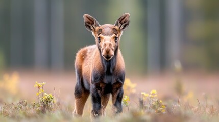 Young moose calf in autumn forest, wildlife photography