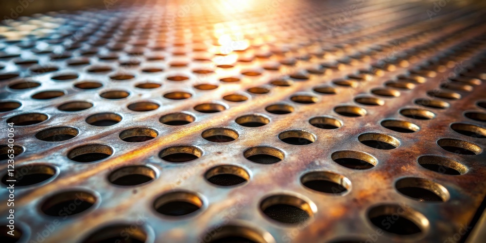 Fototapete close-up of a rusted metallic surface with a repeating pattern of circular holes, illuminated by a s