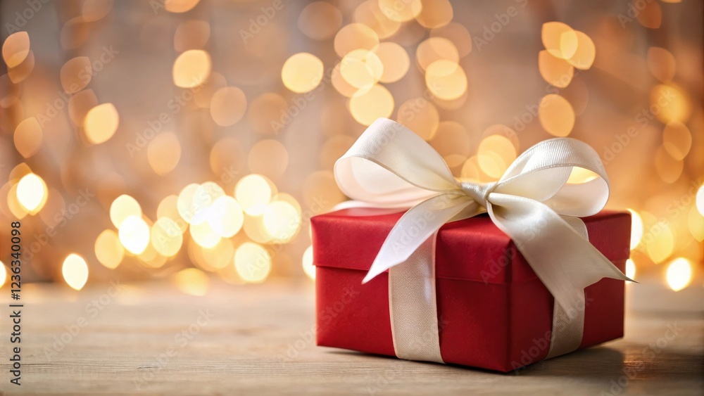 Aufkleber a festive red gift box with a white ribbon tied in a bow against a sparkling bokeh background