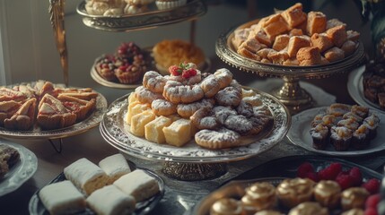 An abundance of mouth-watering desserts, including fruit tarts and tea cakes, arranged on elegant silver stands for a delightful buffet.