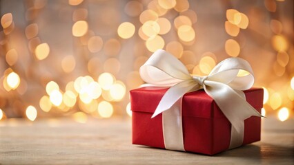A Festive Red Gift Box with a White Ribbon Tied in a Bow Against a Sparkling Bokeh Background