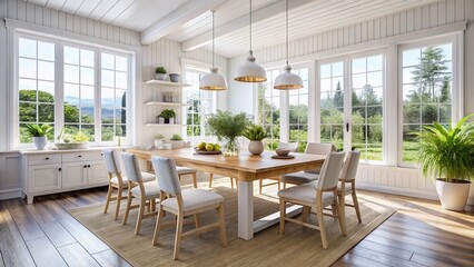 Fototapeta premium Bright and Airy White Dining Room with Rustic Table Captured from Above