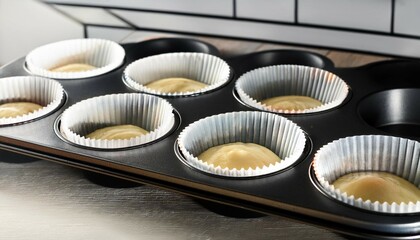 muffin tins with batter before baking