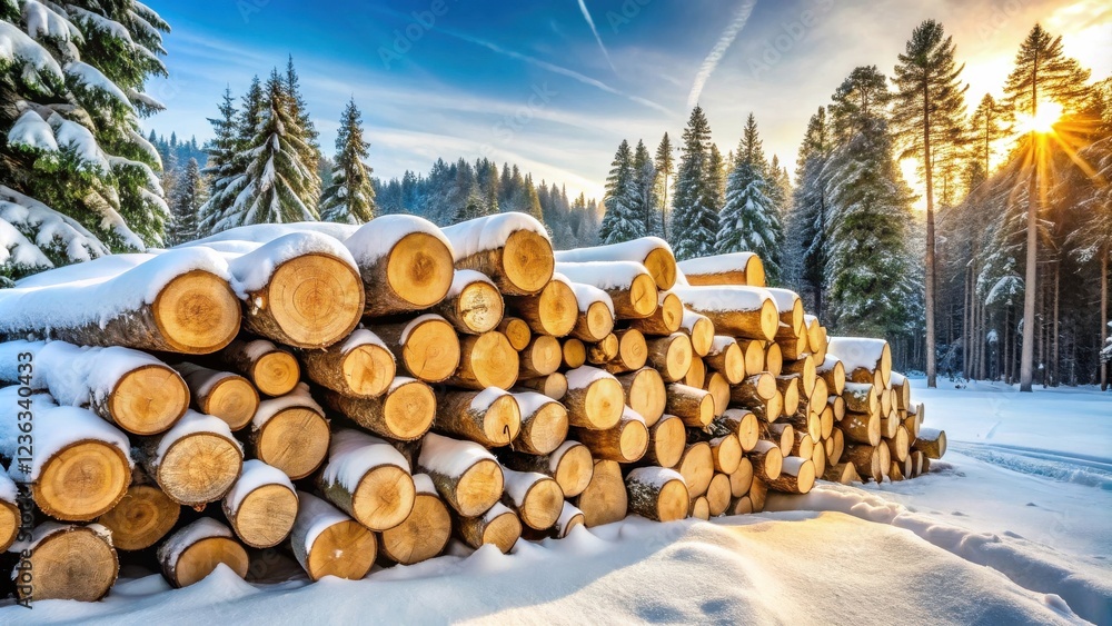 Poster A snowy winter forest scene with a pile of stacked logs, illuminated by the golden rays of the setting sun.